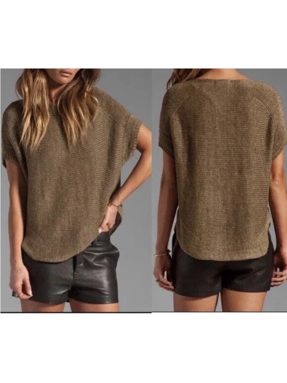 Vince Olive Brown Relaxed Crewneck Short Sleeve Sweater